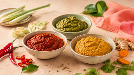 שלוש קערות קרמיקה עם מחית קארי תאילנדית אדומה, ירוקה וצהובה, מוקפות בלמון גראס, צ'ילי אדום, כורכום טרי ועלי קפיר