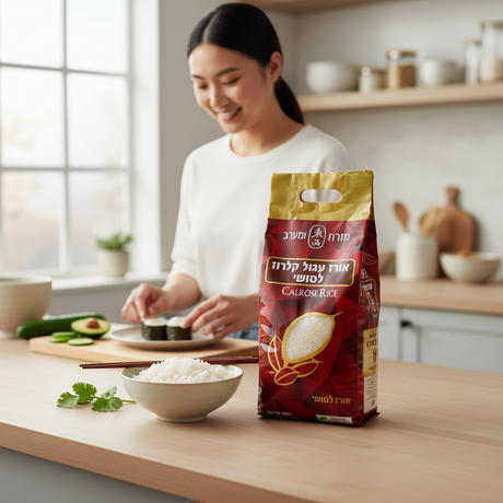 OOMAME Calrose Rice 1kg bag, featuring a red and gold design with a clear window showing the white rice grains.