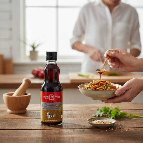OOMAME Pure Sesame Oil 370ml bottle, dark amber liquid, ideal for Asian cuisine, noodles, stir-fries, and marinades.